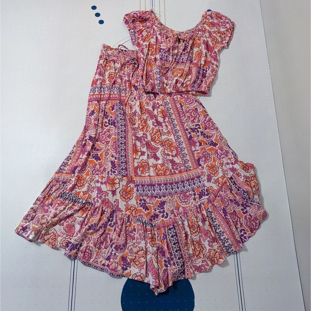 Angie Fairy‎ Boho Floral Pink Patchwork 2 Piece Crop Top Skirt Ruffle Retail$75